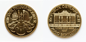 Republic gold "Vienna Philharmonic" 2000 Schilling (1 oz) 1997 UNC, Vienna mint, KM2990. 36.9mm. 31.16gm. HID09801242017 © 2024 Heritage Auctions | Al...