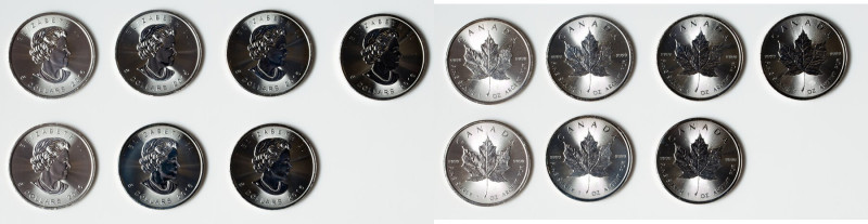 Elizabeth II 7-Piece Lot of Uncertified silver "Maple Leaf" 5 Dollars (1 oz) 201...