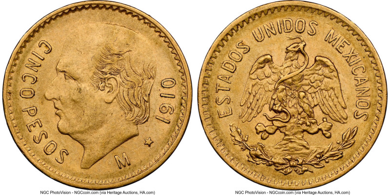 Estados Unidos gold 5 Pesos 1910-M MS62 NGC, Mexico City mint, KM464. HID0980124...