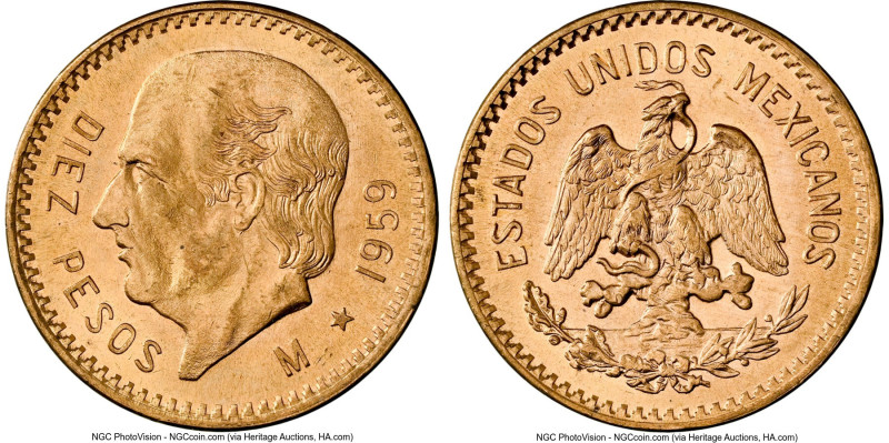 Estados Unidos gold Restrike 10 Pesos 1959-M MS66 NGC, Mexico City mint, KM473. ...