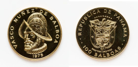 Republic gold Proof 100 Balboas 1975-FM Proof, Franklin mint, KM41. 500th Anniversary - Birth of Vasco Nunez de Balboa. 26.1mm. 8.21gm. HID09801242017...