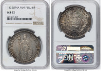 Republic 8 Reales 1832 LM-MM MS62 NGC, Lima mint, KM142.3. Mottled toning revealing underlying luster. HID09801242017 © 2024 Heritage Auctions | All R...