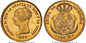 Isabel II gold 100 Reales 1855/4 MS63 NGC, Madrid mint (6 Pointed star), KM596.2, Fr-330a. Unlisted overdate. Delicately veiled with a peach hue and d...