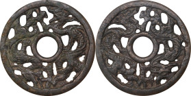 (t) CHINA. Liao or Jin Dynasty. Double Dragon Open Work Charm, ND (ca. 10th to 13th Centuries). Graded "70" by GBCA Grading Company.
Hartill-1.76. We...