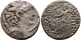 Philip I Philadelphus (93- 83 BC) Tetrarachm Obverse: Head of king right. Reverse: Zeus on throne facing left, holding scepter and Nike, monogram in f...