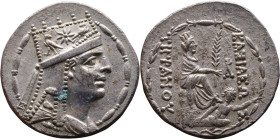 Tigranes II 'The Great“ (King of Armenia: 95-56 B.C.) Tetrarachm. Obverse: Diademed and draped bust right, wearing tiara decorated with star between t...