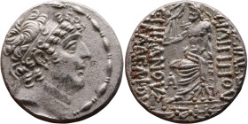 Philip I Philadelphus (93- 83 BC) Tetrarachm Obverse: Head of king right. Reverse: Zeus on throne facing left, holding scepter and Nike, monogram in f...