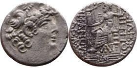 Philip I Philadelphus (93- 83 BC) Tetrarachm Obverse: Head of king right. Reverse: Zeus on throne facing left, holding scepter and Nike, monogram in f...