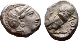 ATTICA, Athens. Circa 454-404 BC. AR Tetradrachm Obverse: Head of Athena right, with frontal eye, wearing earring, necklace, and crested Attic helmet ...