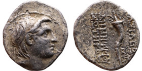 Demetrios I Soter (Seleukid King: 162-150 BC) Drachm Obverse: Head of ruler right. Reverse: Cornucopia, flanked by ΒΑΣΙΛΕΩΣ ΔΗΜΗΤΡΙΟΥ ΣΩΤΗΡΟΣ, monogra...