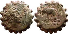 Antiochos VI Dionysos (Seleukid King: 145-141 BC). AE bronze. Obv.: radiate and wreathed head r. Rev.: elephant standing l., holding torch with trunk;...