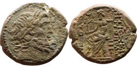 SYRIA. Antioch. Civic issue (100-1 BC). AE bronze. Obv: laureate head of Zeus, r. Rev: ΑΝΤΙΟΧΕΩΝ ΤΗΣ ΜΗΤΡΟΠΟΛΕΩΣ; Zeus seated l., holding Nike and sce...
