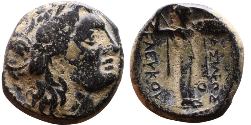 Seleukos I Nikator (Seleukid King: 312-260 BC). AE bronze. Obv.:Head of Apollo R...