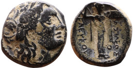 Seleukos I Nikator (Seleukid King: 312-260 BC). AE bronze. Obv.:Head of Apollo Rev.: BAΣIΛEΩΣ ΣEΛEYKOY Athena Promachos standing right, brandishing sp...