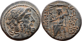 SYRIA. Antioch. Civic issue (100-1 BC). AE bronze. Obv: laureate head of Zeus, r. Rev: ΑΝΤΙΟΧΕΩΝ ΤΗΣ ΜΗΤΡΟΠΟΛΕΩΣ; Zeus seated l., holding Nike and sce...