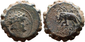 Antiochos VI Dionysos (Seleukid King: 145-141 BC). AE bronze. Obv.: radiate and wreathed head r. Rev.: elephant standing l., holding torch with trunk;...