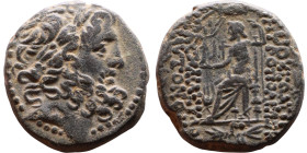 SYRIA. Antioch. Civic issue (100-1 BC). AE bronze. Obv: laureate head of Zeus, r. Rev: ΑΝΤΙΟΧΕΩΝ ΤΗΣ ΜΗΤΡΟΠΟΛΕΩΣ; Zeus seated l., holding Nike and sce...