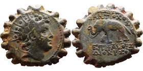 Antiochos VI Dionysos (Seleukid King: 145-141 BC). AE bronze. Obv.: radiate and wreathed head r. Rev.: elephant standing l., holding torch with trunk;...