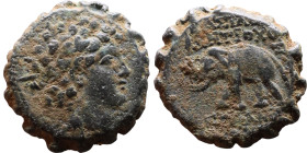 Antiochos VI Dionysos (Seleukid King: 145-141 BC). AE bronze. Obv.: radiate and wreathed head r. Rev.: elephant standing l., holding torch with trunk;...