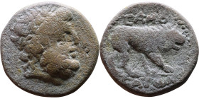 Greek Bronze coin. (IV-I century BC) Obverse: bust of Zeus Reverse: Bull

20mm 6,97g