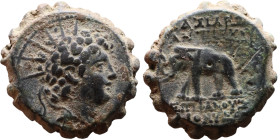 Antiochos VI Dionysos (Seleukid King: 145-141 BC). AE bronze. Obv.: radiate and wreathed head r. Rev.: elephant standing l., holding torch with trunk;...