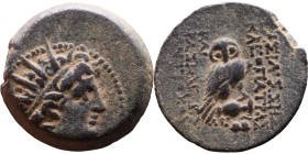 Antiochos VIII Epiphanes (Seleukid King: 121-96 BC). AE bronze. Obv.: Radiate head of Antiochus VIII right. Rev.: BAΣIΛIΣΣHΣ KΛEOΠATΡAΣ KAI BAΣIΛEOΣ A...