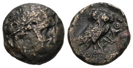 THRACE. Agathopolis. Ae (Circa 300 BC).
Obv: Diademed male head right.
Rev: AΓΑΘO.
Owl standing right, head facing; below, spearhead right. 
Weight 1,...