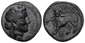 LYDIA. Sardes. Ae (2nd-1st centuries BC).
Obv: Head of Dionysos right, wearing ivy wreath.
Rev: ΣΑΡΔΙΑΝΩΝ.
Horned lion standing left, head facing, bre...