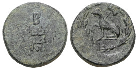 Phrygia. Laodikeia. Pseudo-autonomous issue circa 27 BC-14 AD. Æ.
ΛAOΔIKE[ΩN]; Aphrodite standing left, holding dove in right hand, B (?) in upper and...