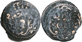 France - Corse - Paoli - 2 soldi 1766 (Murato)

TB

Paoli (1755-1769). A/ Tête de Maure, couronnée. 

R/ 2 SOLDI (millésime) dans un cartouche b...