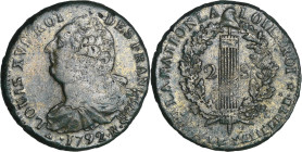 France - Constitution (1791-1792) - 2 sols au faisceau type FRANCOIS - 1792 R (Rouen)

TTB+

Ga.25

 Cu ; 22.44 gr ; 34 mm