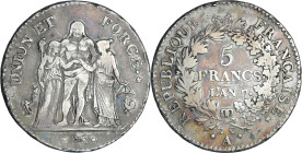 France - Directoire (1795-1799) - 5 francs Hercule union et force An 7 A (Paris)

TB

Ga.563-F.287

 Ar ; 24.62 gr ; 37 mm