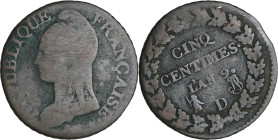 France - Consulat (1799-1804) - 5 centimes Dupré - grand module - An 9 D (Lyon)

TB

Ga.126b-F.115

 Cu ; 9.21 gr ; 27 mm

Coin décalé de 15°....
