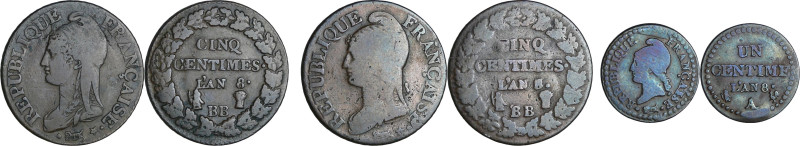 France - Consulat (1799-1804) - lot de 3 monnaies de 5 centimes et 1 centime

...