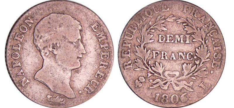 France - Napoléon 1er (1804-1814) - 1/2 franc empereur 1806 L (Bayonne)

TB
...