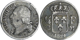 France - Louis XVIII (1815-1824) - 1/4 de franc buste nu 1824 M (Toulouse)

TTB

Ga.352-F.163

 Ar ; 1.19 gr ; 15 mm

Monnaie frappée à 7762 e...