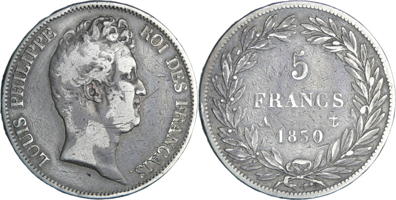 France - Louis-Philippe Ier (1830-1848) - 5 francs tête nue sans le I tranche en...