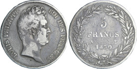 France - Louis-Philippe Ier (1830-1848) - 5 francs tête nue sans le I tranche en relief 1830 A (Paris)

TB

Ga.675a-F.314

 Ar ; 24.49 gr ; 37 m...