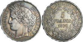 France - Gouvernement de défense nationale (1870-1871) - 5 francs Cérès avec légende - 1870 A (Paris)

SUP

Ga.743-F.333

 Ar ; 24.87 gr ; 37 mm...