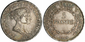 Italie - Principauté de Lucques et Piombino - 5 franchi 1808 (Florence)

SUP

A/ Bustes accolés à droite. FELICE ED ELISA PP. DI LUCCA E PIOMBINO....
