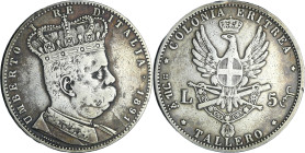 Italie - Savoie colonie d’Eritrée - Umberto I (1878-1900) - 5 lire ou Tallero 1891 (Rome)

TTB

Mir.1110b

 Ar ; 27.71 gr ; 41 mm

Traces de n...