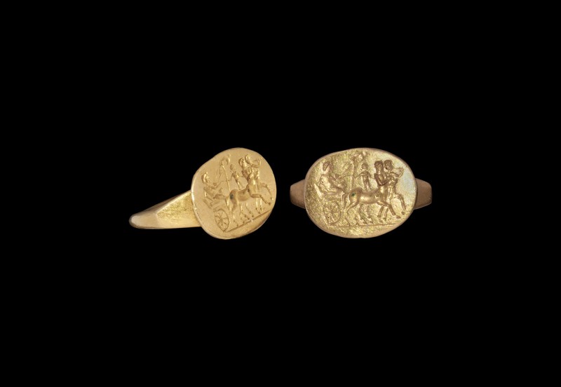 Greek Gold Ring with Centaurs and Chariot
3rd-2nd century BC. A round-section g...