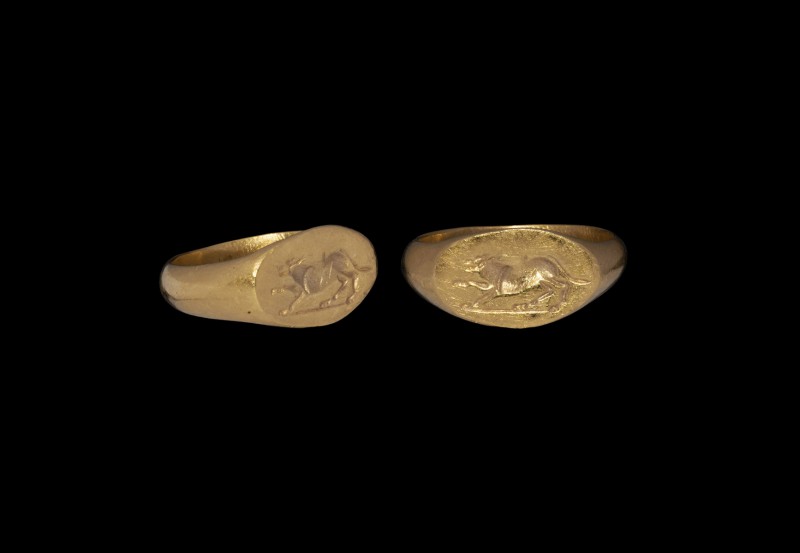 Greek Gold Signet Ring with Wolf
3rd-2nd century BC. A gold D-section ring with...