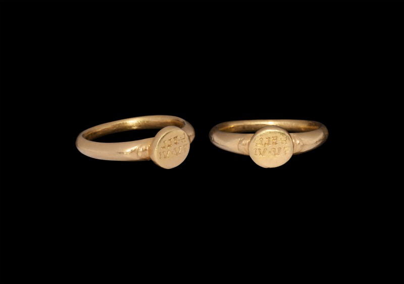 Greek Gold Inscribed Military Ring
3rd-2nd century BC. A gold ring with D-secti...
