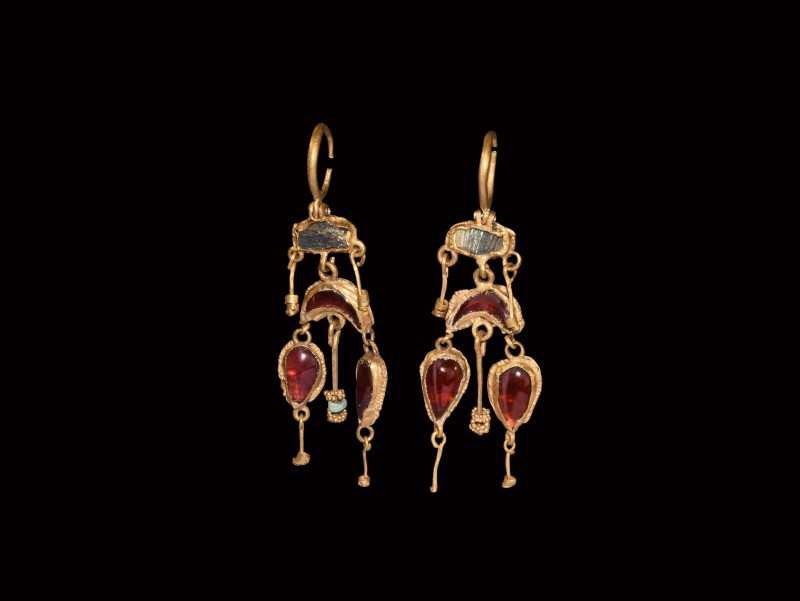 Parthian Gold Earring Pair
3rd-1st century BC. An elaborate matched pair of gol...