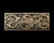Roman Mosaic Panel with Tiger Attacking Stag
2nd-4th century AD. A rectangular panel of mosaic tesserae depicting a tiger attacking a stag within a t...