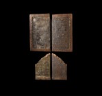 Roman Inscribed Wax Tablet Group
3rd-4th century AD. Two wooden wax tablet sections, both probably legal contracts comprising: one rectangular with b...