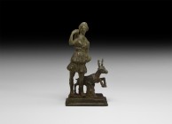 Roman Diana Statuette with Stag
1st century BC-1st century AD. A bronze statuette of Diana with companion stag on a stepped rectangular base; the god...