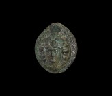 Roman Medusa Phalera
1st century BC-2nd century AD. A domed bronze discoid phalera with gorgoneion amulet to the centre, bands of running scrolls to ...