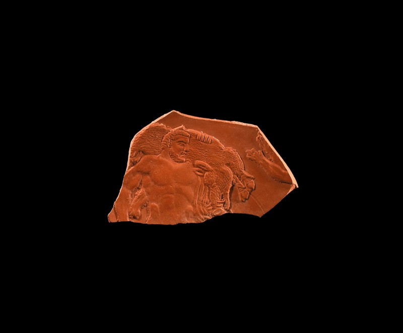 Roman Red Ware Fragment with Hercules. 4th century AD. A large, finely detailed ...
